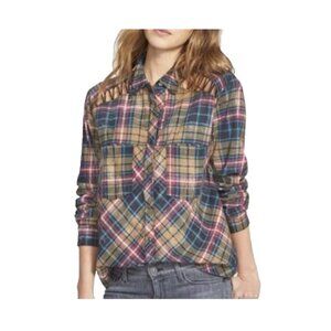 Free People Womens Shirt Sz S Shoulder Cut Out Plaid Country core Cowgirl